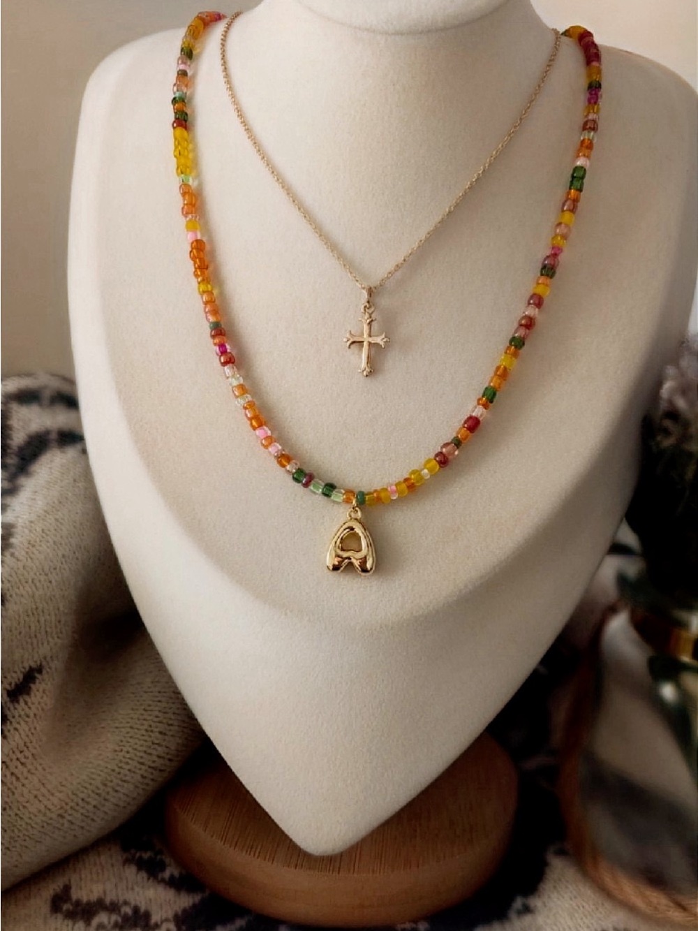 Gold Initial A Pendant with Multicolor Beaded Necklace